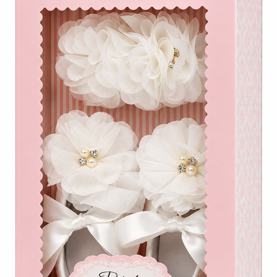 Carriage Boutique ivory lace baptism shoes and chiffon flower headband set in a pink gift box