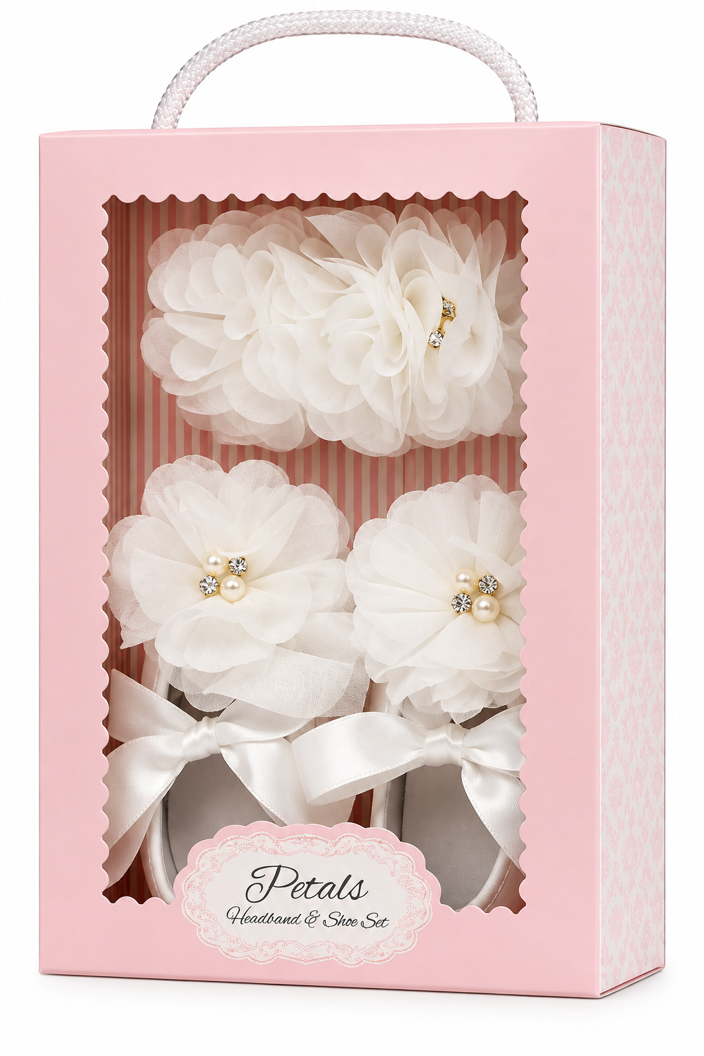 Carriage Boutique ivory lace baptism shoes and chiffon flower headband set in a pink gift box