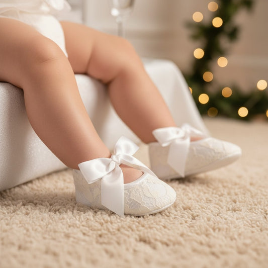Carriage Boutique ivory lace baby girl baptism shoes with ribbon bows and matching floral headband with pearls.