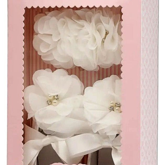 Carriage Boutique Ivory Lace Baptism Shoes & Headband Set for Baby Girls. White floral details with pearls.
