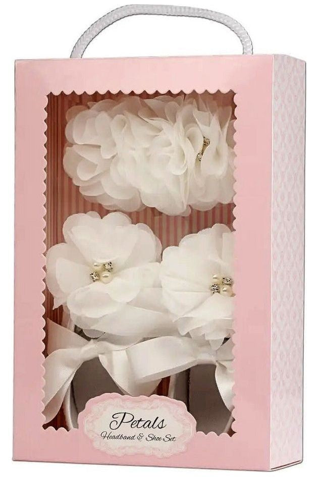 Carriage Boutique Ivory Lace Baptism Shoes & Headband Set for Baby Girls. White floral details with pearls.