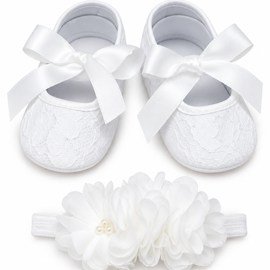Carriage Boutique ivory lace baby baptism shoes with ribbon bows and matching chiffon flower headband with pearls