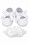 Carriage Boutique ivory lace baby baptism shoes with ribbon bows and matching chiffon flower headband with pearls