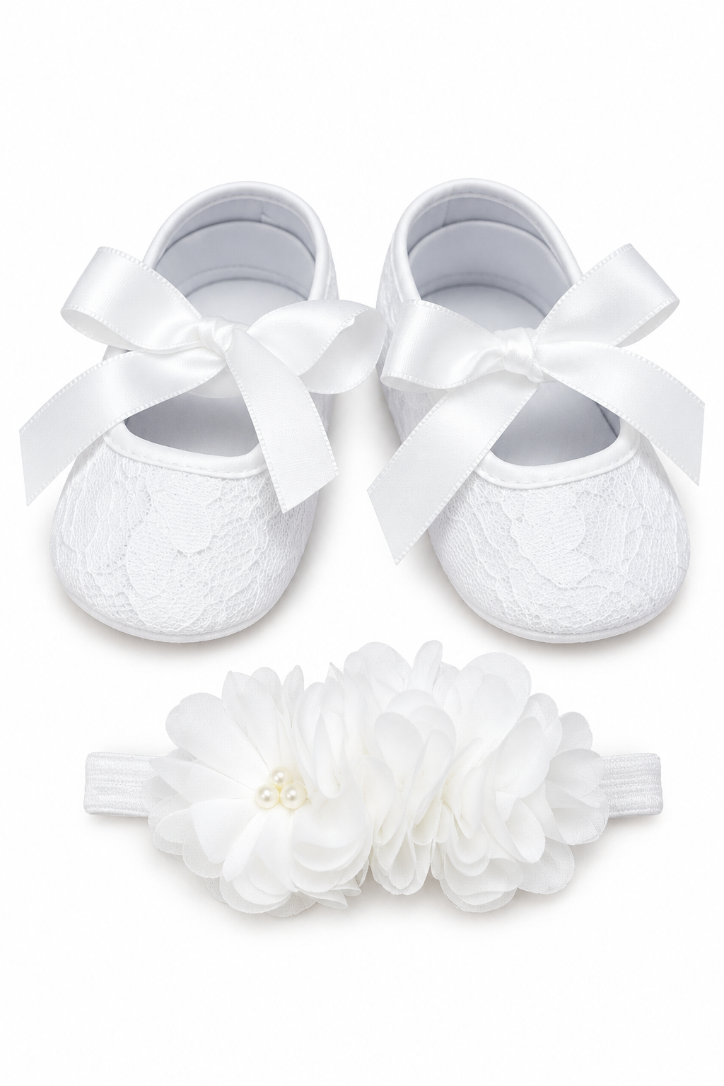 Carriage Boutique ivory lace baby baptism shoes with ribbon bows and matching chiffon flower headband with pearls