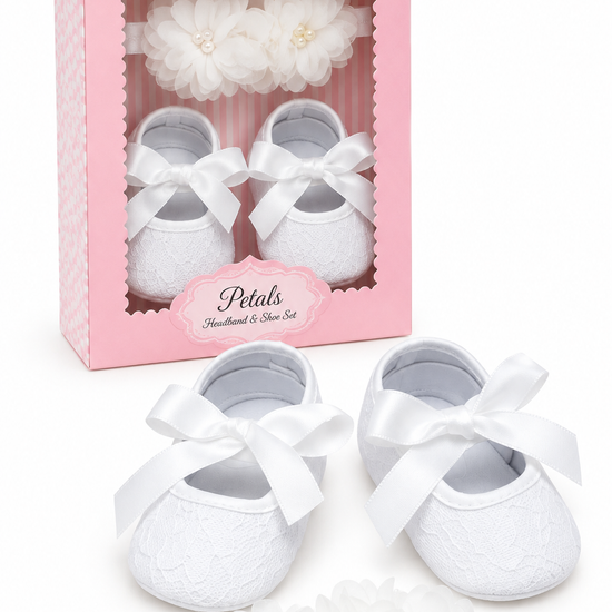Carriage Boutique ivory lace baptism shoes and chiffon flower headband set for baby girls in a pink gift box