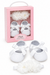 Carriage Boutique ivory lace baptism shoes and chiffon flower headband set for baby girls in a pink gift box