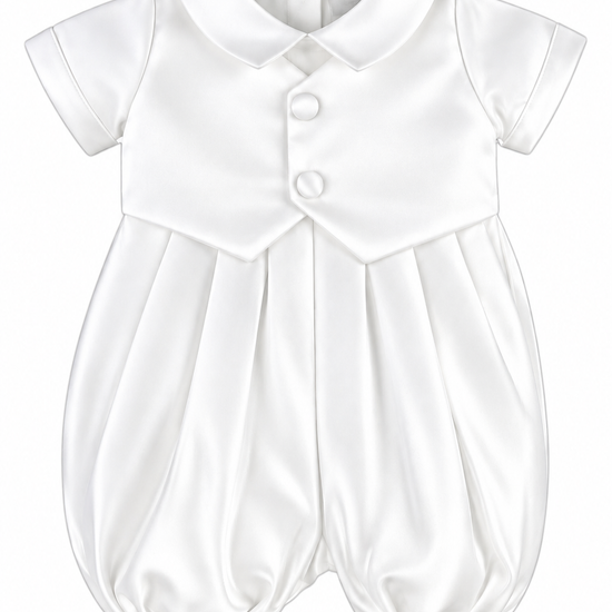Carriage Boutique ivory satin baby boy christening romper with a vested design, peter pan collar, and button details.