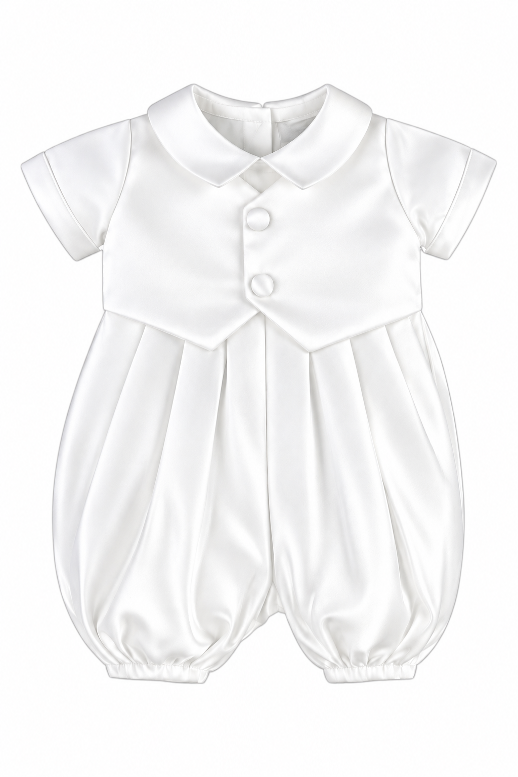 Carriage Boutique ivory satin baby boy christening romper with a vested design, peter pan collar, and button details.