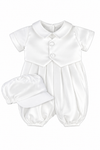 Carriage Boutique ivory satin christening romper with a vested design, peter pan collar, and matching baby boy hat.