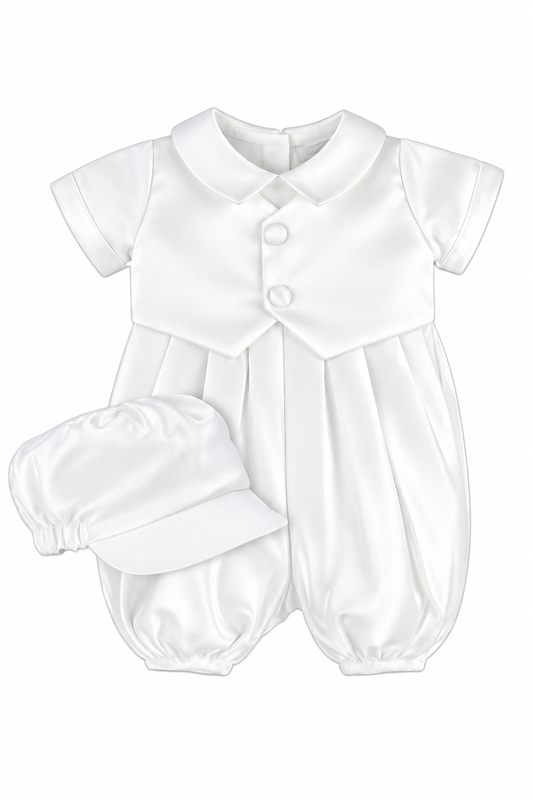 Carriage Boutique ivory satin christening romper with a vested design, peter pan collar, and matching baby boy hat.