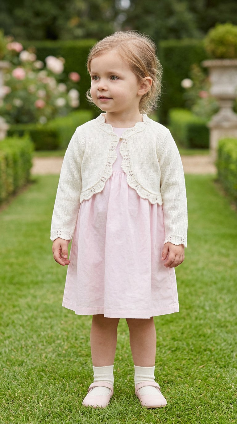 Carriage Boutique toddler girl wearing an ivory cotton bolero shrug with delicate scalloped edges over a pink dress