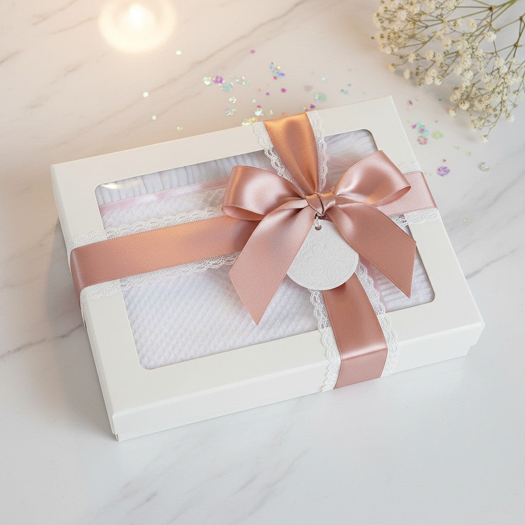 Carriage Boutique Julius Berger white baby blanket with lace trim in a gift box with a dusty rose satin ribbon bow.