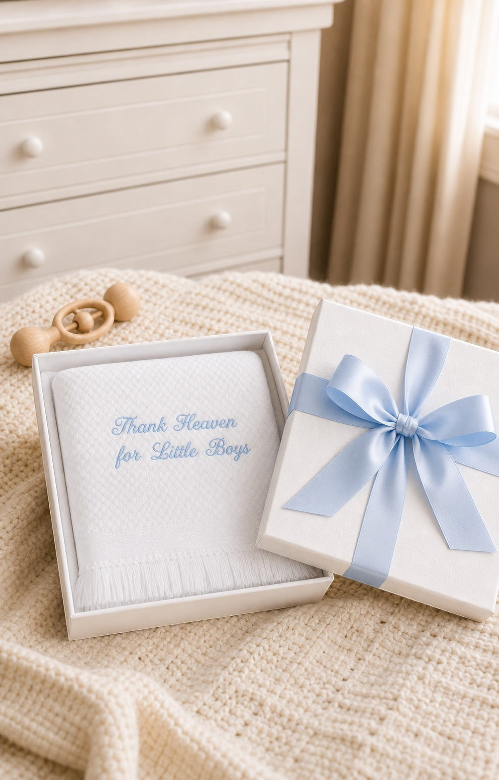 Carriage Boutique Julius Berger white baby blanket with blue embroidery in a gift box with a blue ribbon.