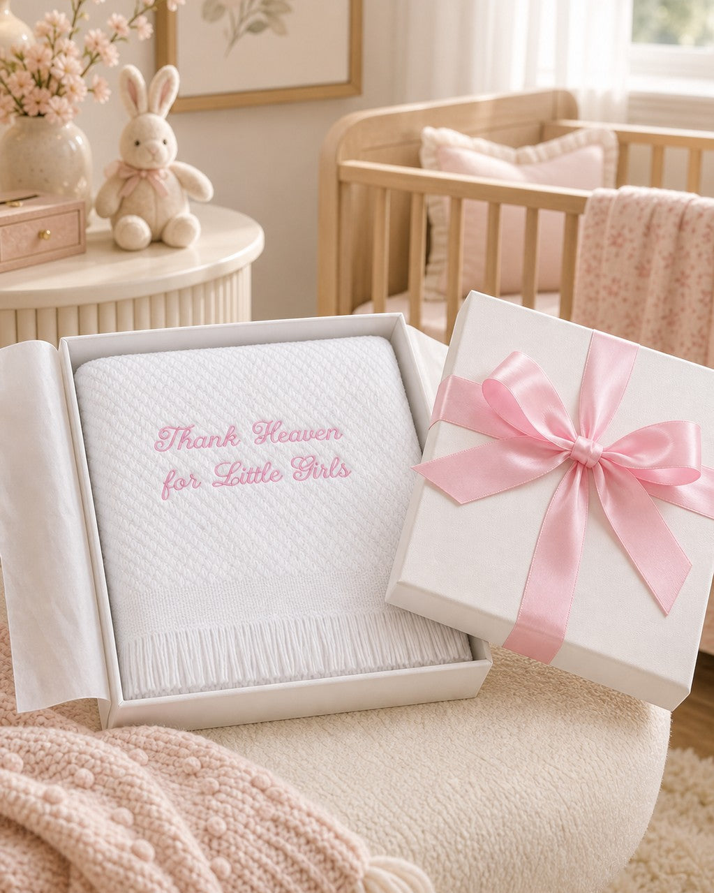 Carriage Boutique Julius Berger white baby blanket with pink embroidery in a gift box with a pink ribbon