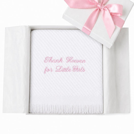 Carriage Boutique Julius Berger white baby blanket with pink Thank Heaven for Little Girls embroidery in gift box