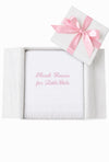 Carriage Boutique Julius Berger white baby blanket with pink Thank Heaven for Little Girls embroidery in gift box