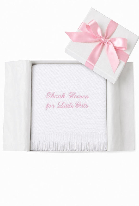 Carriage Boutique Julius Berger white baby blanket with pink Thank Heaven for Little Girls embroidery in gift box
