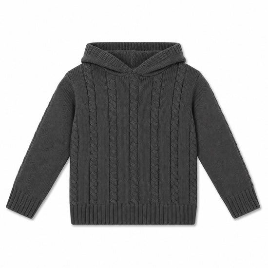 Carriage Boutique Julius Berger dark grey cable-knit baby boy sweater with a hood and ribbed trim.