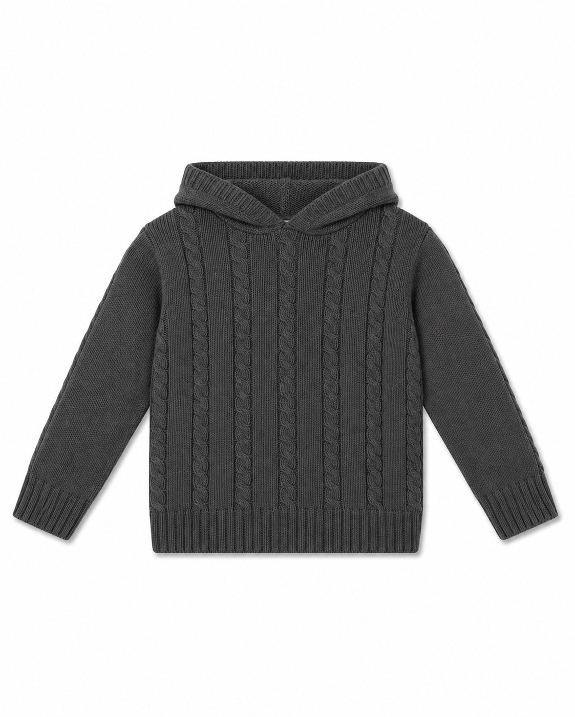 Carriage Boutique Julius Berger dark grey cable-knit baby boy sweater with a hood and ribbed trim.
