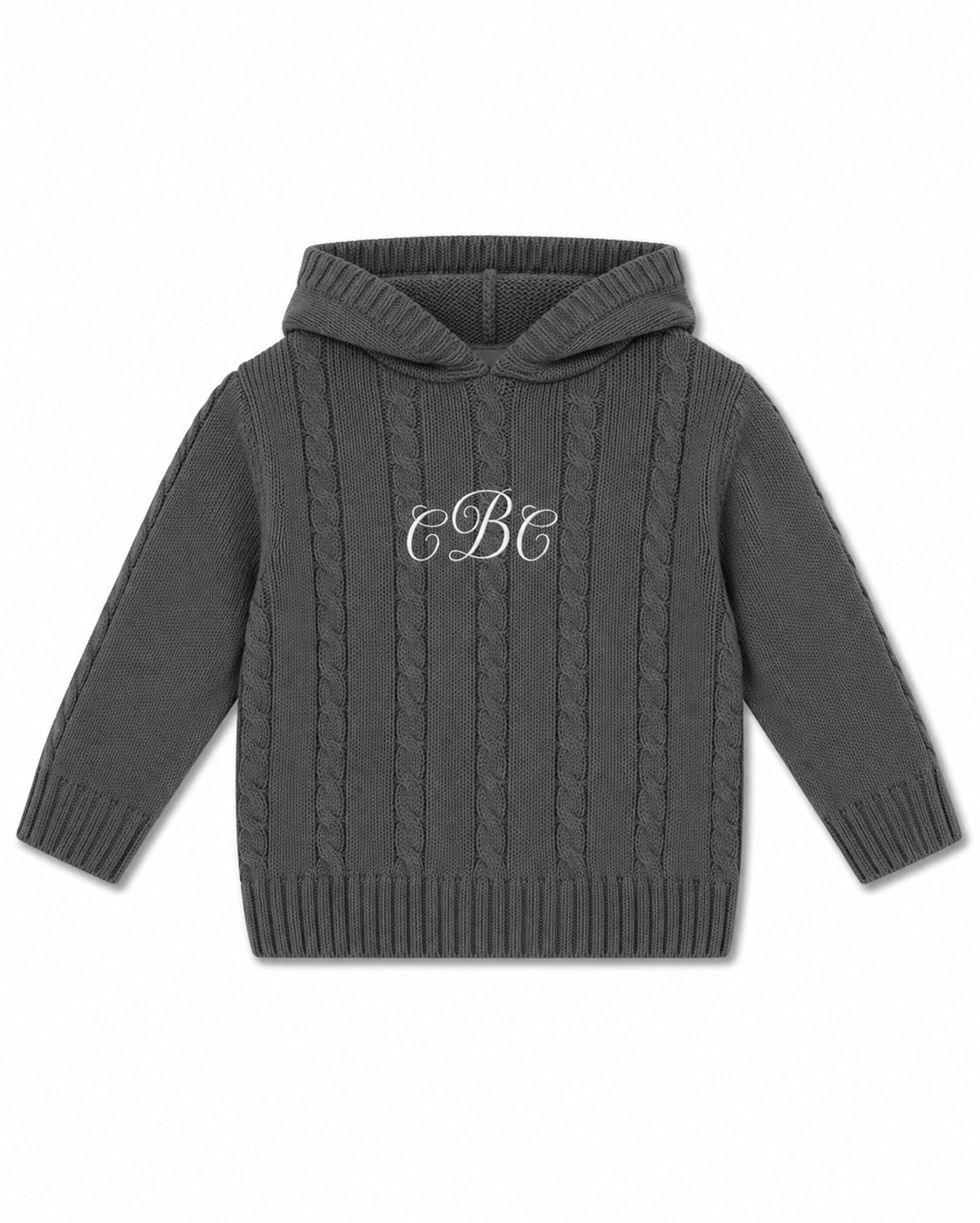 Carriage Boutique dark grey cable-knit baby boy hoodie with white monogram embroidery on the chest