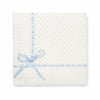 Carriage Boutique Julius Berger white baby blanket with delicate Belgium lace and a soft blue ribbon bow.