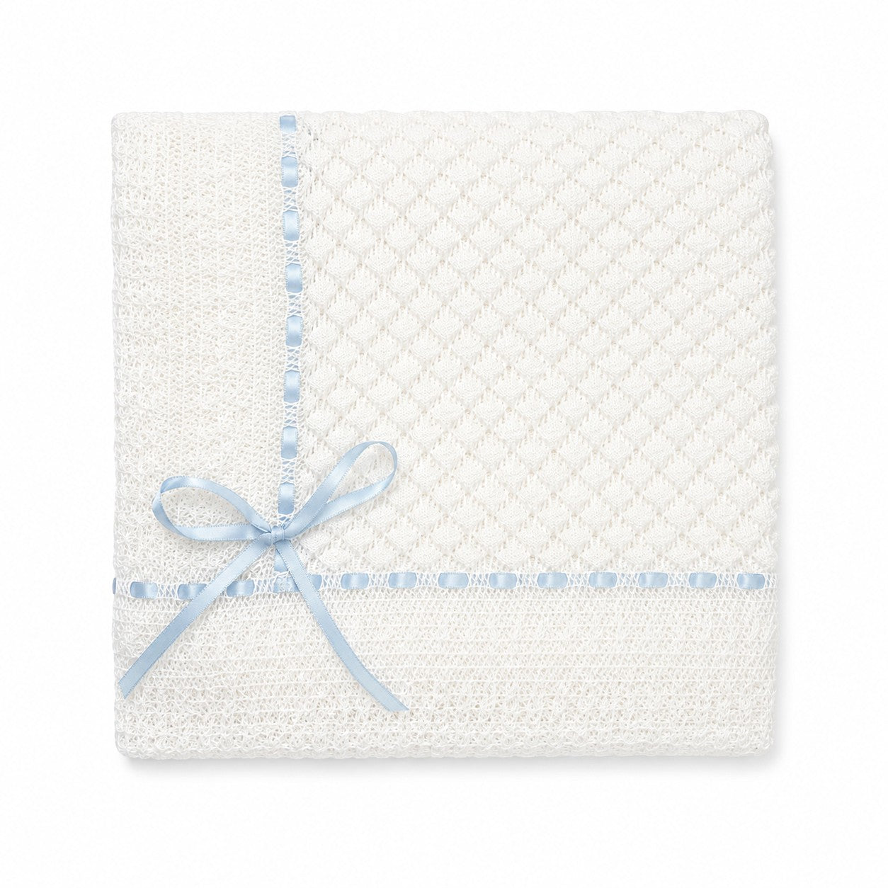 Carriage Boutique Julius Berger white baby blanket with delicate Belgium lace and a soft blue ribbon bow.
