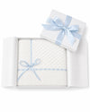 Carriage Boutique Julius Berger white baby blanket with delicate Belgium lace and a light blue ribbon in a gift box