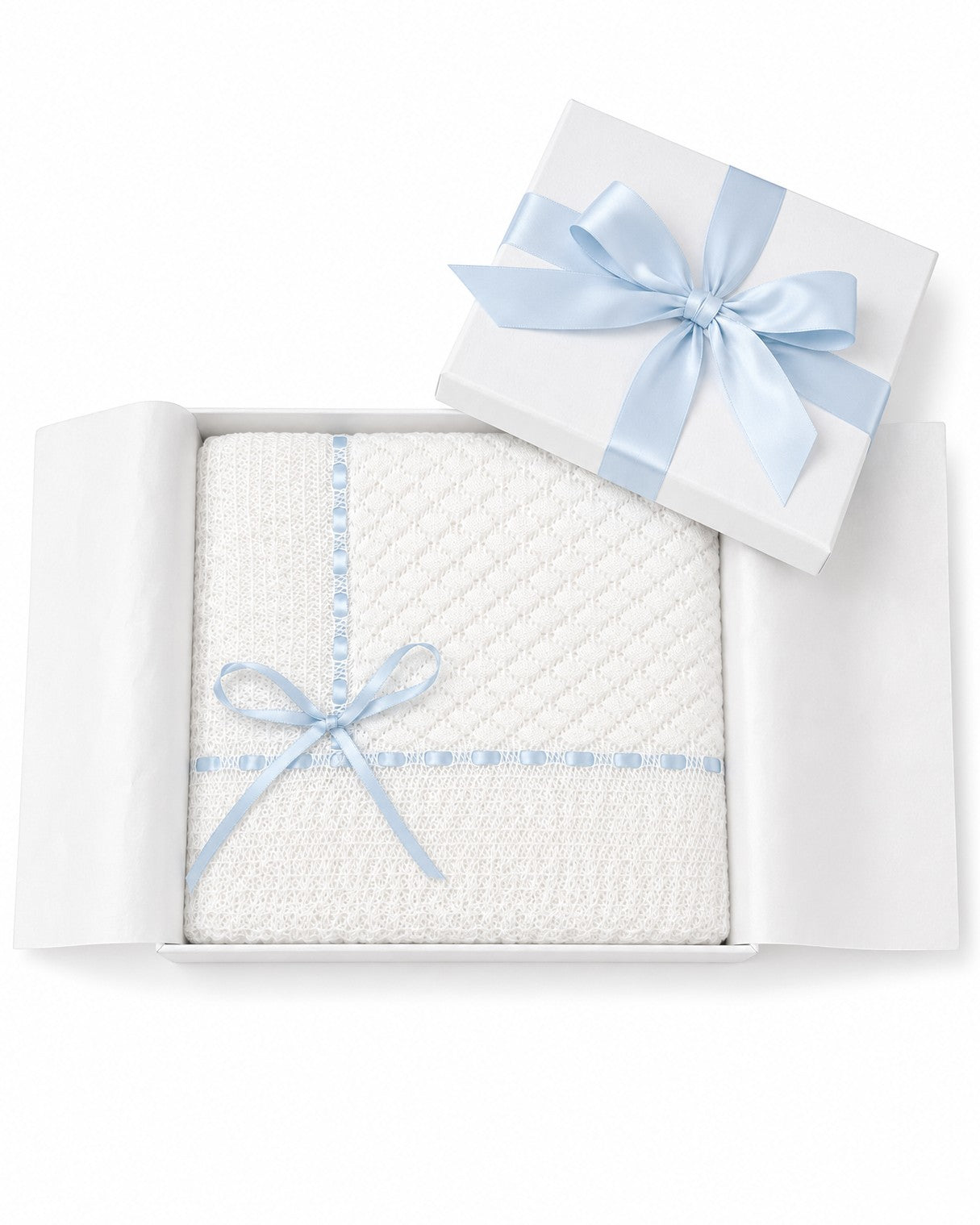 Carriage Boutique Julius Berger white baby blanket with delicate Belgium lace and a light blue ribbon in a gift box