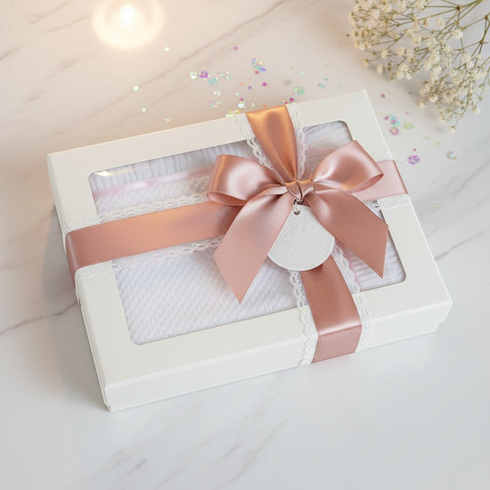 Carriage Boutique Julius Berger white knit baby blanket gift set with pink satin ribbon and bow in a window box
