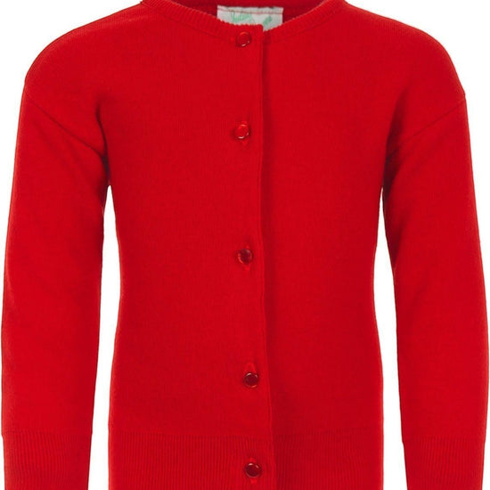 Carriage Boutique Julius Berger red cotton cashmere baby girl cardigan with long sleeves and button-up front.