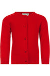 Carriage Boutique Julius Berger red cotton cashmere baby girl cardigan with long sleeves and button-up front.