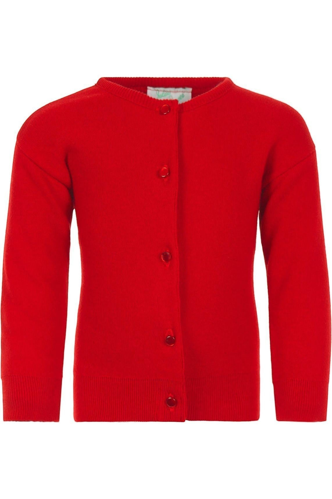 Carriage Boutique Julius Berger red cotton cashmere baby girl cardigan with long sleeves and button-up front.