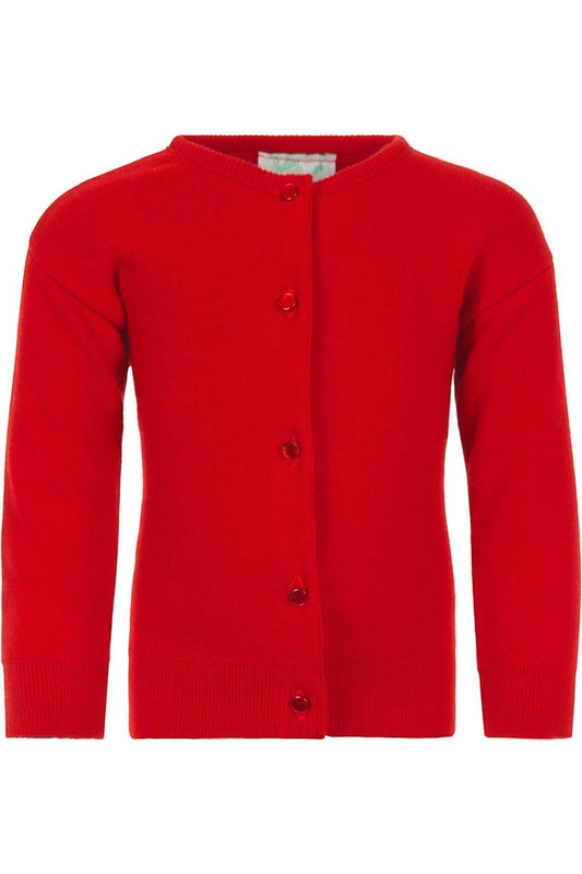 Carriage Boutique Julius Berger red cotton cashmere baby girl cardigan with long sleeves and button-up front.
