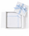 Carriage Boutique Julius Berger white knit baby blanket with blue satin ribbon trim and bow in a gift box