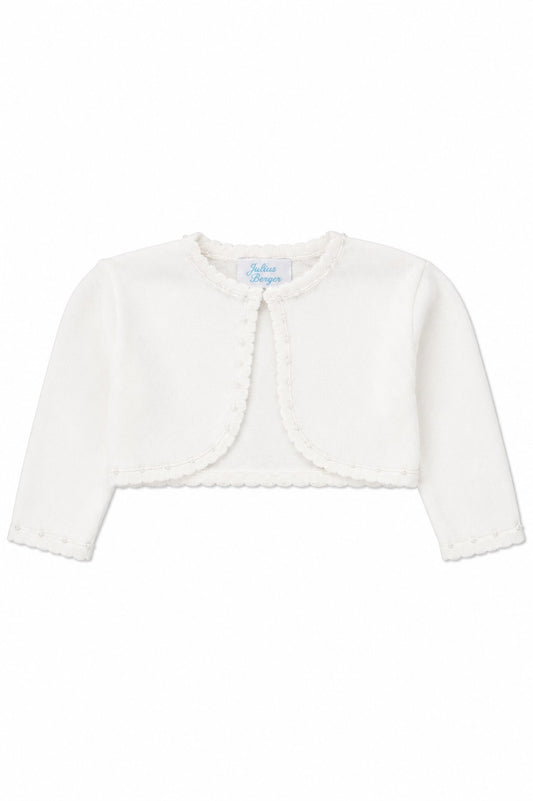Carriage Boutique Julius Berger white baby girl bolero sweater with delicate scalloped edges and long sleeves.