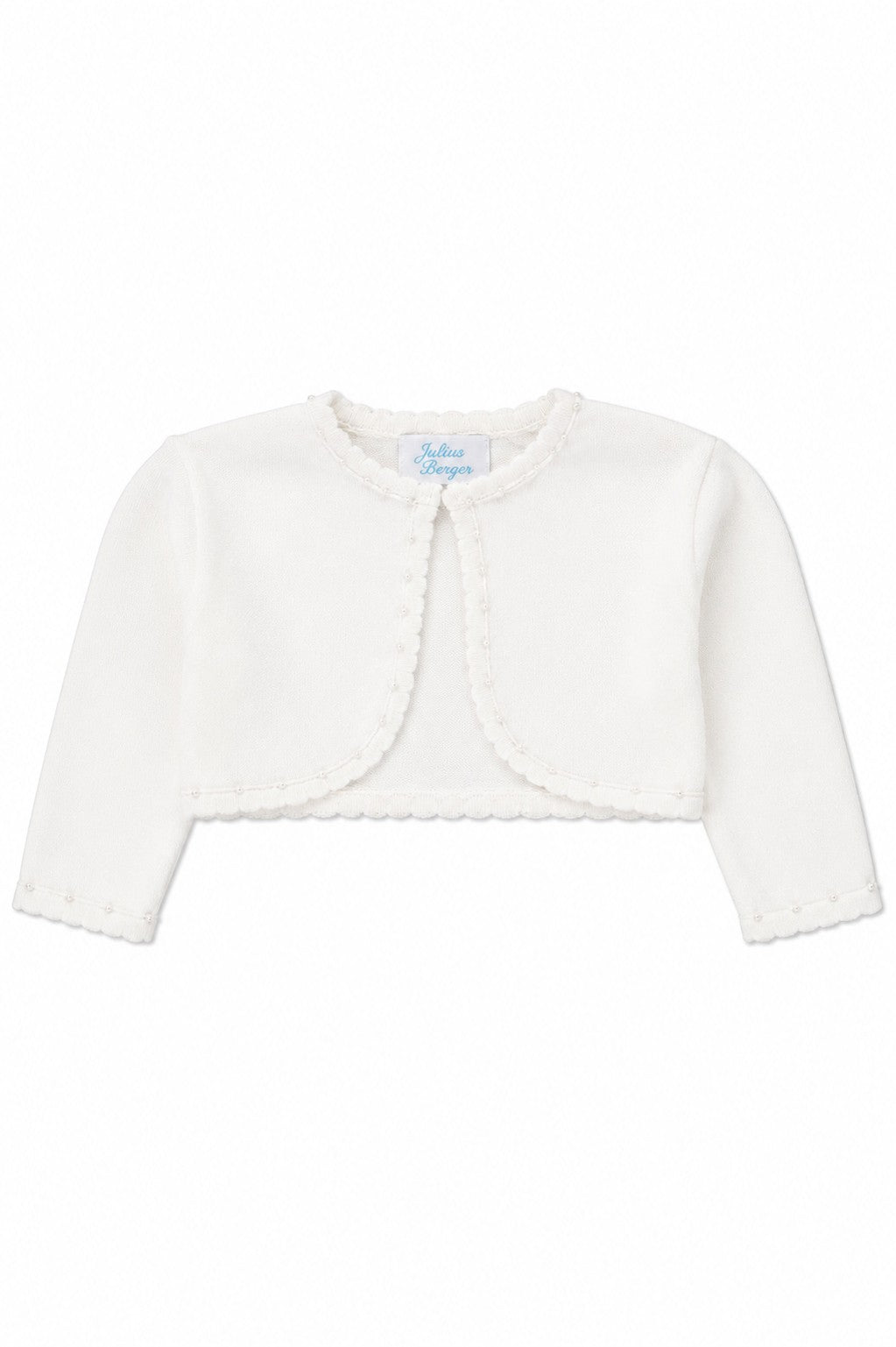 Carriage Boutique Julius Berger white knitted bolero sweater for girls with scalloped edges and long sleeves