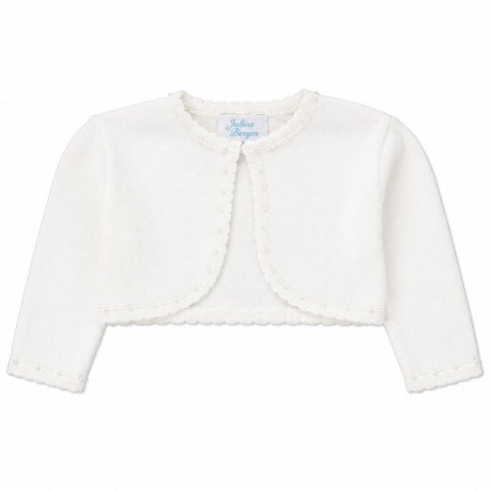 Carriage Boutique Julius Berger white toddler girl bolero sweater with delicate scalloped edges and soft knit texture.