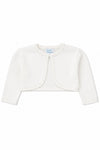 Carriage Boutique Julius Berger white toddler girl bolero sweater with delicate scalloped edges and soft knit texture.