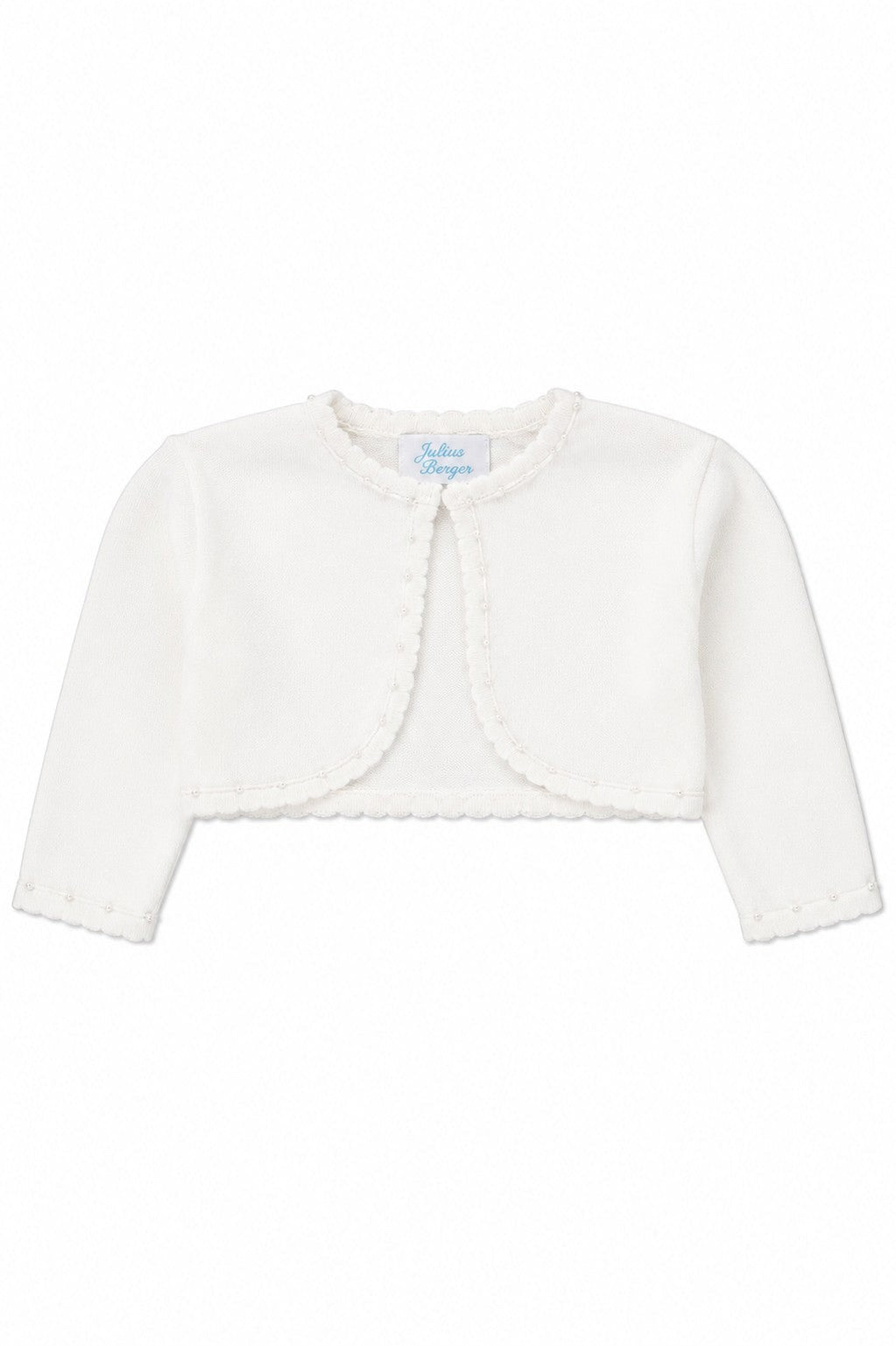 Carriage Boutique Julius Berger white toddler girl bolero sweater with delicate scalloped edges and soft knit texture.