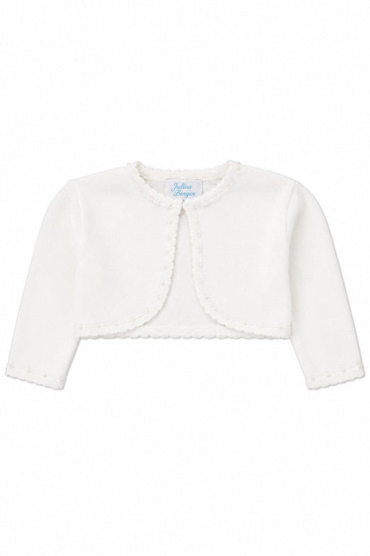 Carriage Boutique Julius Berger white toddler girl bolero sweater with delicate scalloped edges and soft knit texture.