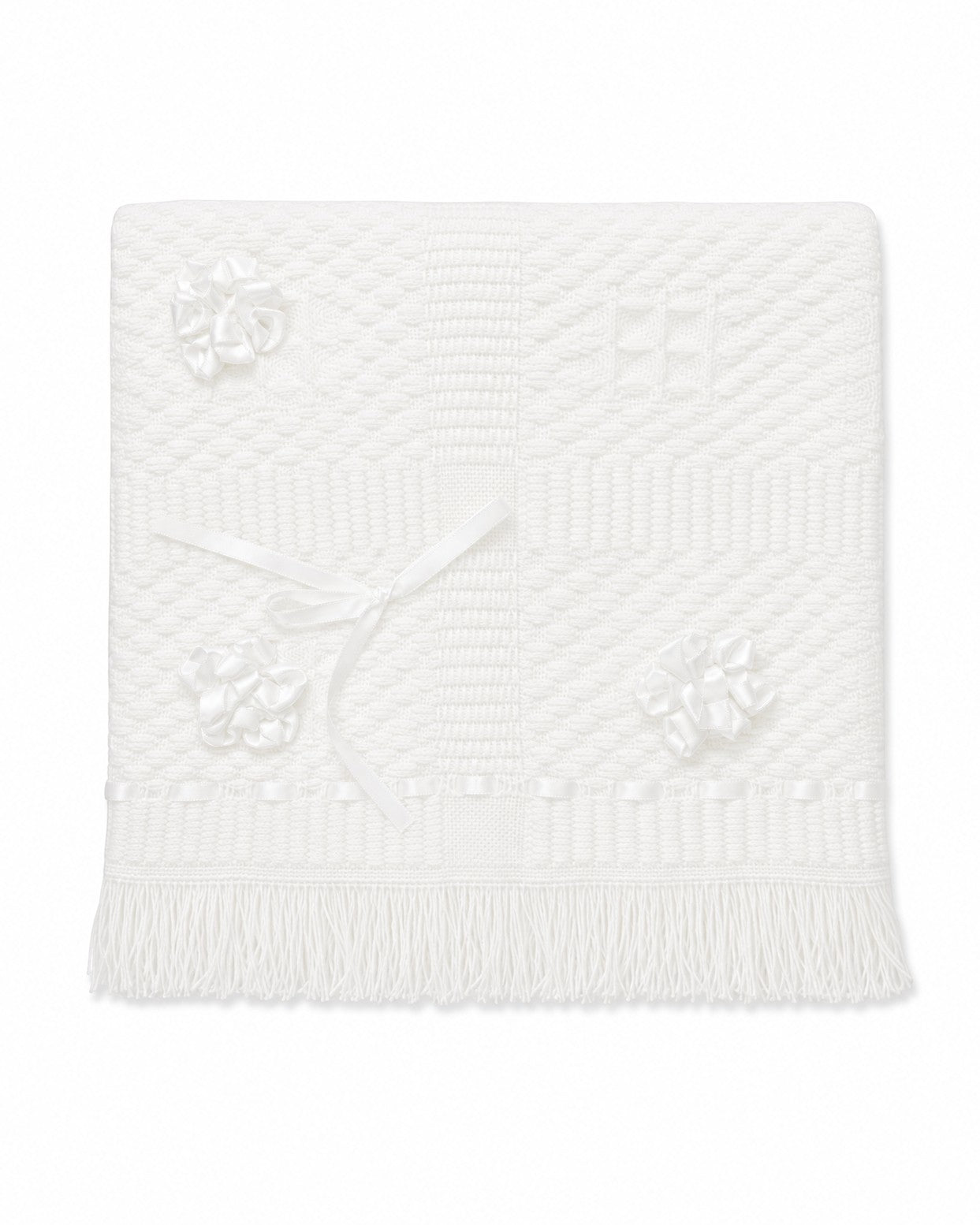 Carriage Boutique Julius Berger white christening blanket with textured knit pattern, satin ribbon bows, and fringe.