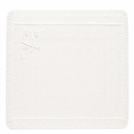 Carriage Boutique Julius Berger white baby christening blanket with delicate square pattern and fringe trim.