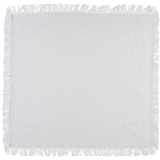 Carriage Boutique Julius Berger white baby blanket with cross embroidery, lace trim, and fringe edges.