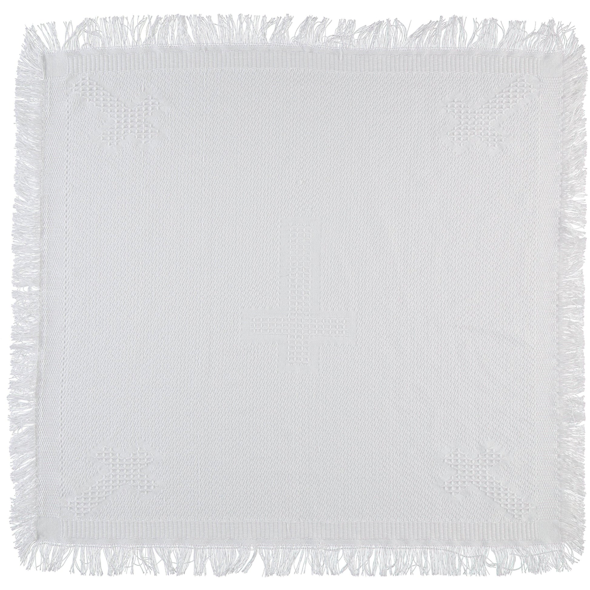 Carriage Boutique Julius Berger white baby blanket with cross embroidery, lace trim, and fringe edges.
