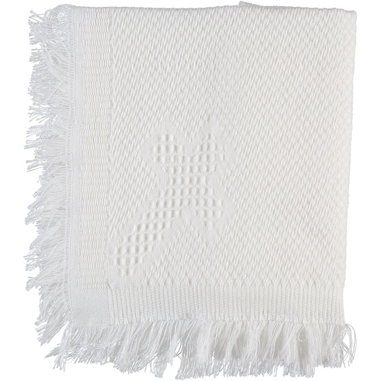 Carriage Boutique Julius Berger white baby blanket with woven cross pattern and delicate fringe trim.