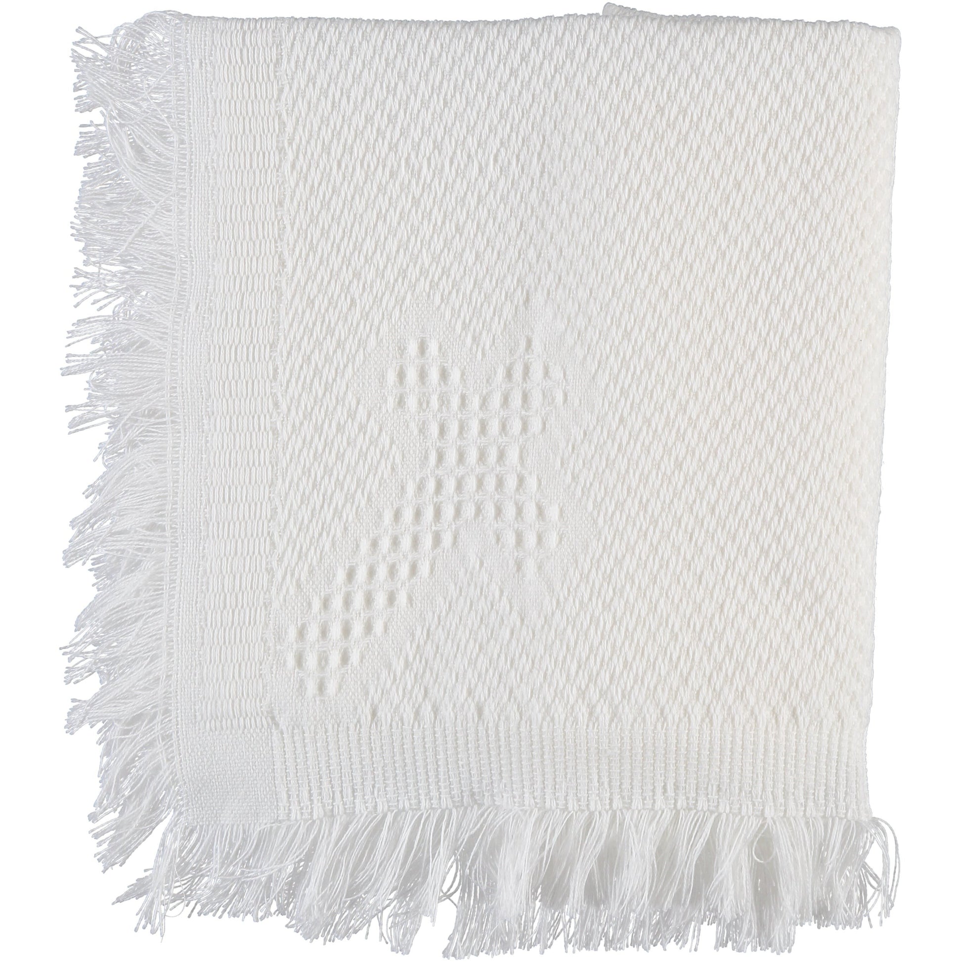 Carriage Boutique Julius Berger white baby blanket with woven cross pattern and delicate fringe trim.