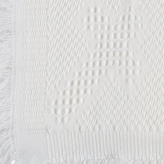 Carriage Boutique Julius Berger white knit baby blanket featuring a delicate textured cross pattern and fringe edge