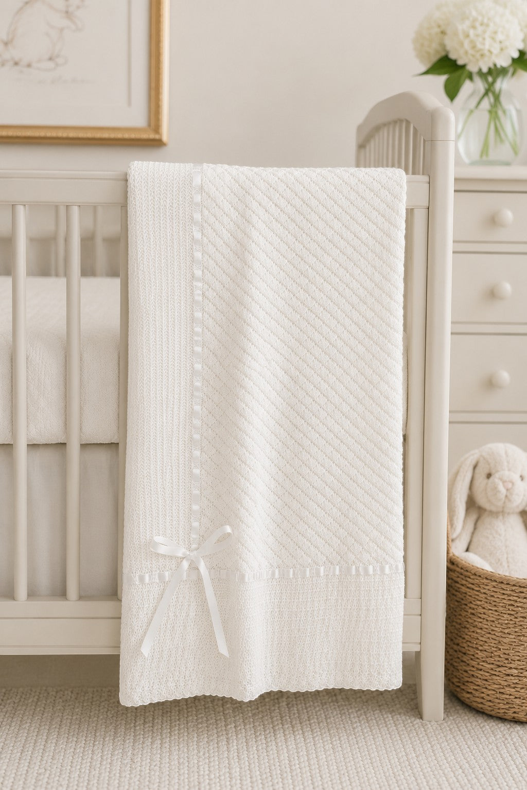 Carriage Boutique Julius Berger white baby blanket with elegant Belgium lace trim and a delicate satin ribbon bow