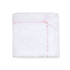 Carriage Boutique Julius Berger white knit baby blanket with delicate pink satin ribbon trim and a sweet bow accent.