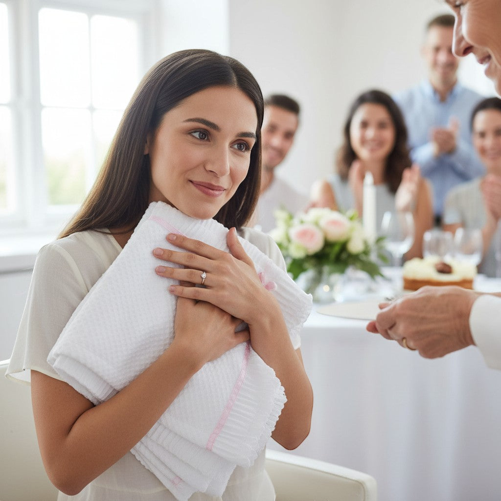 Carriage Boutique Julius Berger white knit baby blanket with pink satin ribbon held by a smiling woman at a party